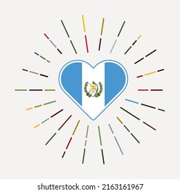 Corazón de Guatemala con bandera del país. Explosión de sol alrededor de la señal del corazón de Guatemala. Ilustración vectorial.