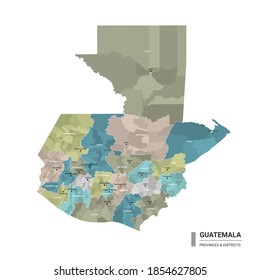 Guatemala high detailed map with subdivisions. Administrative map of Guatemala with districts and cities name, colored by states and administrative districts. Vector illustration.