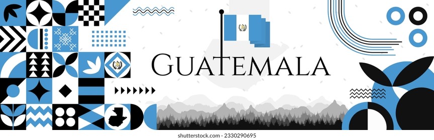 Guatemala Independence Day abstract banner design with flag and map. Flag color theme geometric pattern retro modern Illustration design. Blue flag color template.