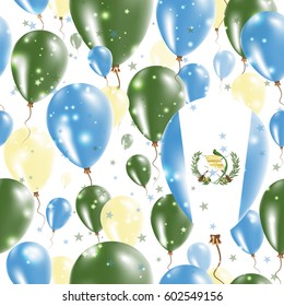 Guatemala Independence Day Seamless Pattern. Flying Rubber Balloons in Colors of the Guatemalan Flag. Happy Guatemala Day Patriotic Card with Balloons, Stars and Sparkles.