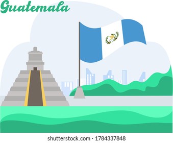 Guatemala Independence Day vector concept: Tikal pyramid site besides Guatemala national flag at the hills