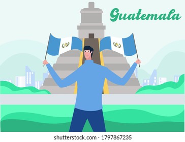 Guatemala Independence Day vector concept: portrait of man waving Guatemala national flag happily in front of Tikal pyramid