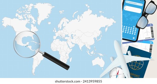 Guatemala is magnified over a World Map, illustration with airplane, passport, boarding pass, compass and eyeglasses. Vector illustration.