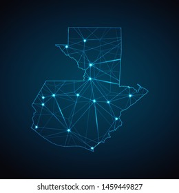 Guatemala Map - Abstract geometric mesh polygonal network line, structure and point scales on dark background with lights in the form of cities. Vector illustration eps 10.