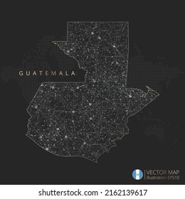 Guatemala map abstract geometric mesh polygonal light concept with black and white glowing contour lines countries and dots on dark background. Vector illustration.