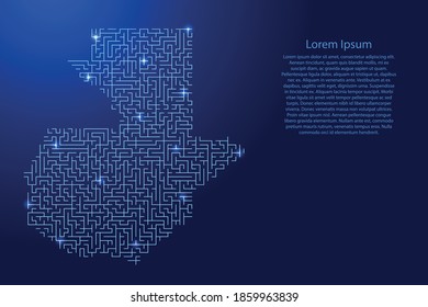 Mapa de Guatemala a partir del patrón azul de la rejilla del laberinto y de la rejilla de las estrellas del espacio brillante. Ilustración vectorial.