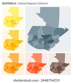 Colección del mapa de Guatemala. Forma de Country con regiones de color. Gris azul, amarillo, ámbar, naranja, naranja profundo, marrón paletas de color. Frontera de Guatemala con provincias para su infografía.