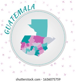 Guatemala map design. Map of the country with regions in emerald-amethyst color palette. Rounded travel to Guatemala poster with country name and airplanes background. Authentic vector illustration.