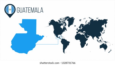 Guatemala map located on a world map with flag and map pointer or pin. Infographic map. Vector illustration isolated on white background.