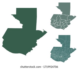 Guatemala map outline vector with administrative borders, regions, municipalities, departments in black white colors. Infographic design template map.