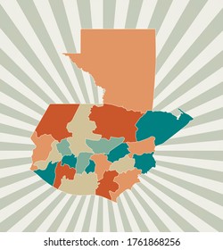 Mapa de Guatemala. Afiche con mapa del país en paleta de color retro. Forma de Guatemala con fondo de rayos solares. Ilustración vectorial.