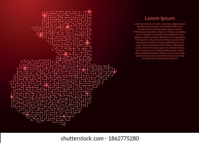 Guatemala map from red pattern of the maze grid and glowing space stars grid. Vector illustration.
