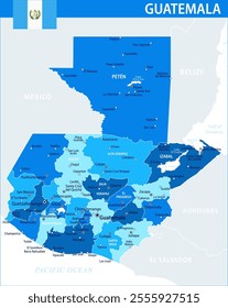 Guatemala Map Vector Blue Spot - Customizable layered political map of Guatemala with administrative divisions for website, education, reports, news, politics, print, poster and wallpaper