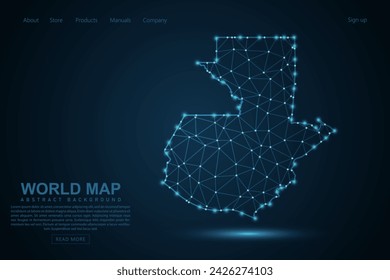 Mapa de Guatemala - Mapa del Mundo línea de masa y escalas de puntos sobre fondo azul de la tecnología. Línea de red poligonal de malla 3D de marco de alambre, esfera de diseño, punto y estructura - Ilustración vectorial eps 10