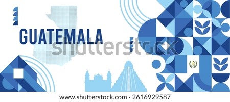 Guatemala national vector banner featuring the flag, dotted map, landmarks, and geometric pattern design