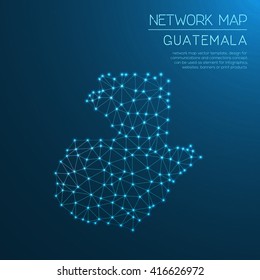 Guatemala network map. Abstract polygonal Guatemala network map design with glowing dots and lines. Map of Guatemala networks. Vector illustration.