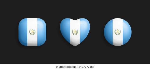 Guatemala Official National Flag 3D Vector Glossy Icons In Rounded Square, Heart And Circle Shapes Isolated On Black. Guatemalan Sign And Symbols Graphic Design Elements Volumetric Buttons Collection