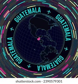 Guatemala on globe. Satelite view of the world centered to Guatemala. Bright neon style. Futuristic radial bricks background. Vibrant vector illustration.