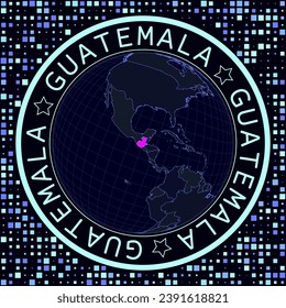 Guatemala on globe vector. Futuristic satellite view of the world centered to Guatemala. Geographical illustration with shape of country and squares background. Bright neon colors on dark background.