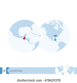Guatemala on world globe with flag and regional map of Guatemala. Vector Illustration.