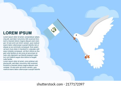 Guatemala peace concept with text area, Dove of Peace bird with Guatemala flag in its beak, dove flying in the clouds, vector illustration design, Guatemala peace day template, freedom idea