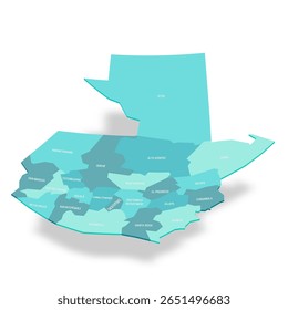 Guatemala mapa político de divisões administrativas - departamentos. Mapa de vetor turquesa 3D com rótulos de nome.