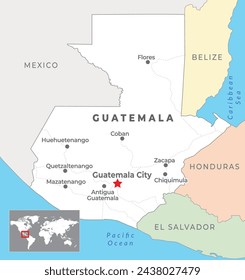 Mapa político de Guatemala con capital Ciudad de Guatemala, ciudades más importantes y fronteras nacionales