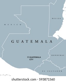 Guatemala political map with capital and national borders. Republic and country in Central America, the core of the Maya civilization. Gray illustration on white background. English labeling. Vector.