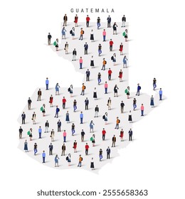 Guatemala population map. Large group of realistic a diverse crowd of people figures in a shape of Guatemalan map. Flat vector illustration isolated on white.