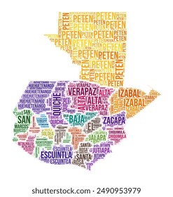 Guatemala region word cloud. Country shape design. Guatemala colored illustration. Region names collage cloud. Vector illustration.