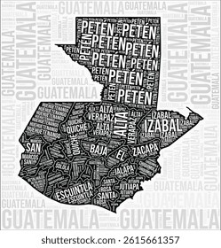 Guatemala regions map word cloud. Guatemala region names. Black and white map design. Modern vector illustration.