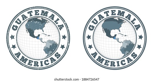 Logo de la ronda de Guatemala. Bandas circulares de un país con mapa de Guatemala en contexto mundial. Sellos de país simples y texturados. Ilustración vectorial.