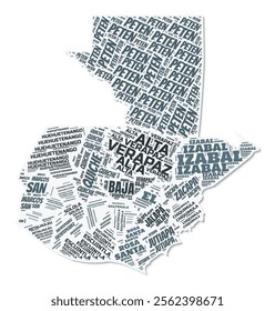 Guatemala shape text cloud. Country border with shadow on white background. Guatemala with regions division in vintage gazette style. Stylish vector illustration.