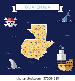 Guatemala treasure map in flat design. Colorful cartoon treasure map of Guatemala with flat design icons of pirate ship and jolly roger. Guatemala flat design vector illustration.