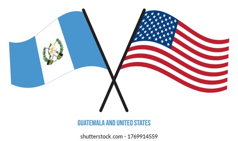 Guatemala and United States Flags Crossed And Waving Flat Style. Official Proportion. Correct Colors.