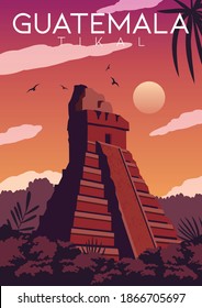 Guatemala Vector Illustration Background. Travel to Tikal Guatemala. Flat Cartoon Vector Illustration in Colored Style.