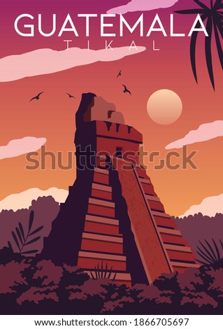 Guatemala Vector Illustration Background. Travel to Tikal Guatemala. Flat Cartoon Vector Illustration in Colored Style.