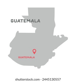 Guatemala vector map illustration, country map silhouette with mark the capital city of Guatemala inside. Map of Guatemala vector drawing. Filled version illustration isolated on white background.