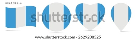 Guatemala waving flag, round circle sticker badge, heart shaped icon, map pin. Guatemalan flag buttons of different shapes. Vector illustration isolated on white.