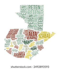 Guatemala Word Cloud. Country shape with region division. Guatemala typography style image. Region names tag clouds. Vector illustration.