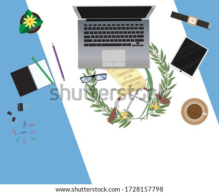 Guatemala work from home top view. Stay at home with self quarantine to help stop outbreak and protect Covid-19 spread.