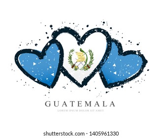 Guatemalan flag in the form of three hearts. Vector illustration on white background. Brush strokes drawn by hand. Independence Day in Guatemala.