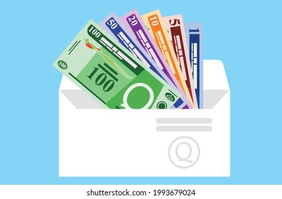 Guatemalan Quetzal Banknotes in Various Value Money Vector Icon in envelope. Guatemala currency, economy, investment, finance, and business element. Can be used for web, mobile, infographic and print.