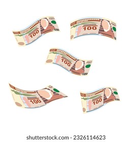 Guatemalan Quetzal Vector Illustration. Guatemala money set bundle banknotes. Falling, flying money 100 GTQ. Flat style. Isolated on white background. Simple minimal design.