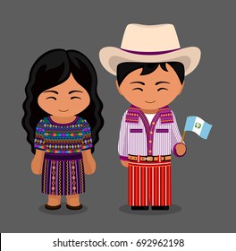 Guatemalans in national dress with a flag. Man and woman in traditional costume. Travel to Guatemala. People. Vector flat illustration.
