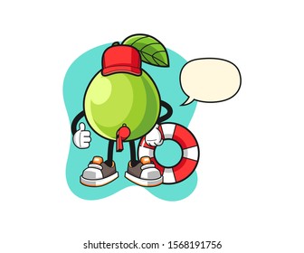 Guava beach lifeguard with speech bubble cartoon. Mascot Character vector.