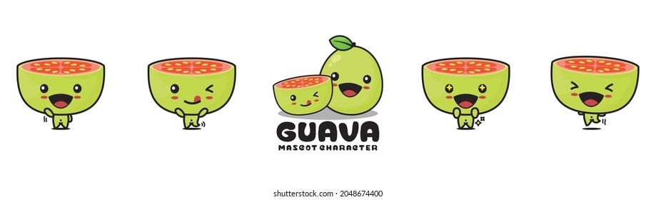 guava cartoon mascot, fruit vector illustration, with different facial expressions and poses, isolated on white background