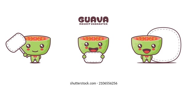 guava cartoon mascot illustration, with blank board banner, isolated on a white background.
