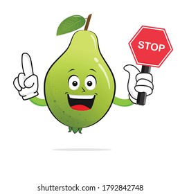 The guava character smiles carrying a stop sign on a white background -vector