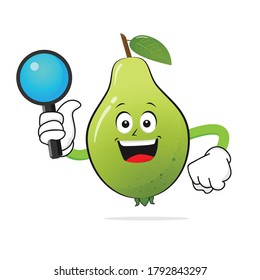 guava character smiles holding a magnifying glass with a white background - vector